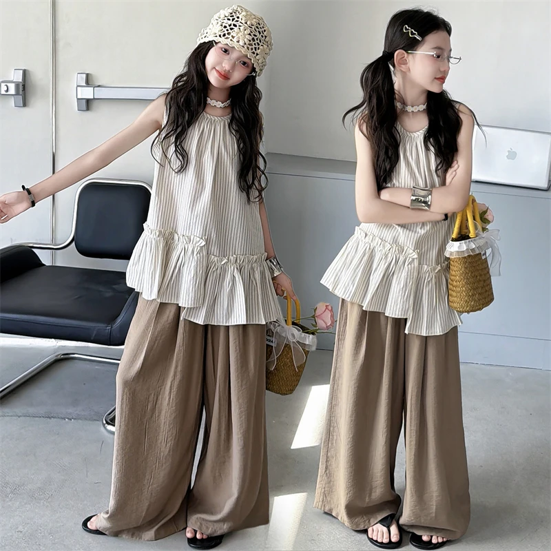 Children Clothes Girl Summer Striped Ruffle Hem Sleeveless Top And Wide Leg Pants 2026 Loose Breathable Comfortable
Children Clothes Girl Summer Striped Ruffle Hem Sleeveless Top And Wide Leg Pants 2026 Loose Breathable Comfortable