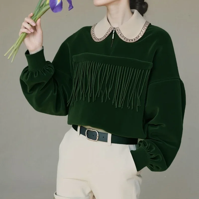 Dark Green Sweater Women's 2026 Age-reducing Long-sleeved Fringed Lapel Top
Dark Green Sweater Women's 2026 Age-reducing Long-sleeved Fringed Lapel Top