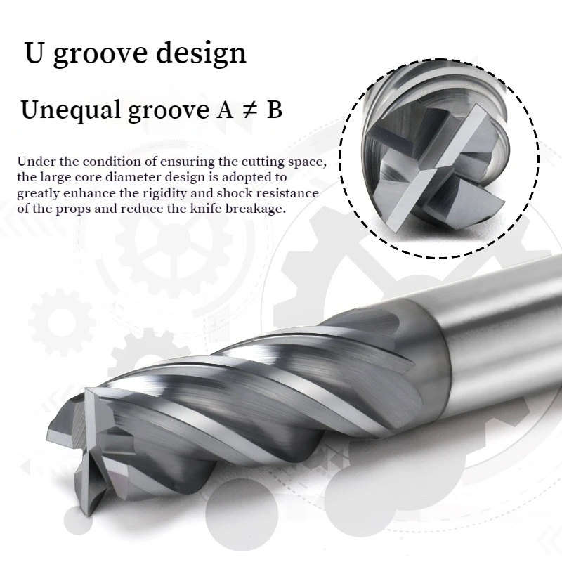Efficient 4 Flute Carbide End Mill HRC70 CNC Router Bit Unequal Helix for Steel Metal Machining 6 8 12 14 20mm 
Efficient 4 Flute Carbide End Mill HRC70 CNC Router Bit Unequal Helix for Steel Metal Machining 6 8 12 14 20mm