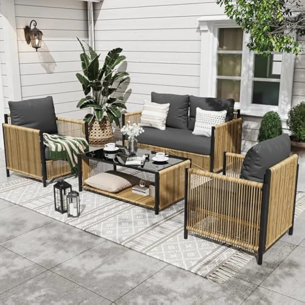 Patio Furniture Set 4 Pieces, Outdoor Furniture 4-Seat Sofa with 2-Layer Coffee Table, Waterproof Thick Cushion Deep Seating
Patio Furniture Set 4 Pieces, Outdoor Furniture 4-Seat Sofa with 2-Layer Coffee Table, Waterproof Thick Cushion Deep Seating