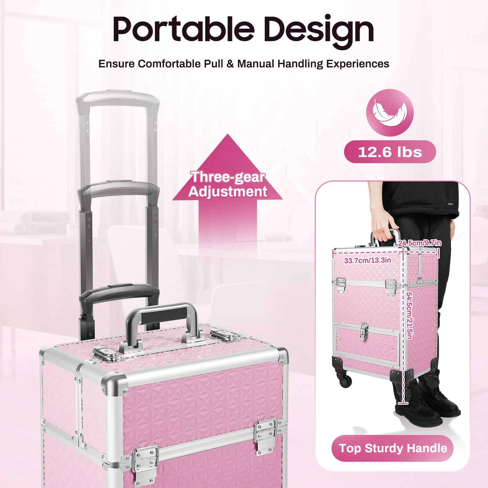 Rolling Makeup Train Case with Wheels & Pull Rod – 44 lbs Heavy Duty Aluminum Cosmetic Trolley, 7 Compartments + Drawer, Pink
Rolling Makeup Train Case with Wheels & Pull Rod – 44 lbs Heavy Duty Aluminum Cosmetic Trolley, 7 Compartments + Drawer, Pink