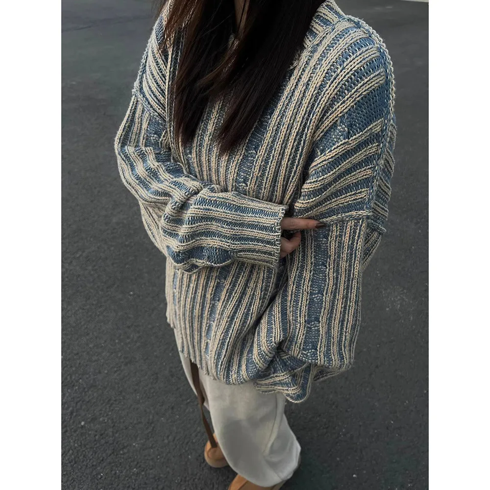 Women's Vintage Striped Oversized Knit Sweater, Blue Beige Long Sleeve Crew Neck Pullover, Casual Daily Fall Winter Top
Women's Vintage Striped Oversized Knit Sweater, Blue Beige Long Sleeve Crew Neck Pullover, Casual Daily Fall Winter Top