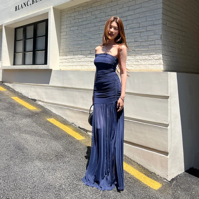 2026 Summer New Navy Blue Mesh Pleated Strapless Dress Women's Short-sleeved Sexy Off-the-shoulder Party Birthday Evening Dress
2026 Summer New Navy Blue Mesh Pleated Strapless Dress Women's Short-sleeved Sexy Off-the-shoulder Party Birthday Evening Dress