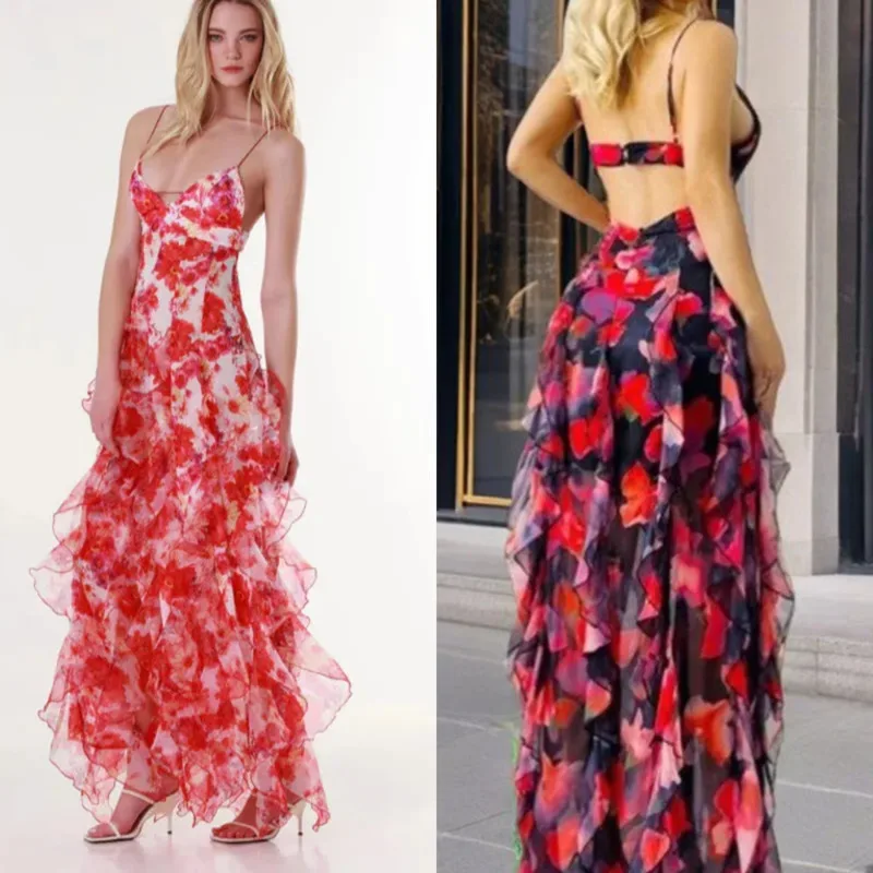 Elegant Chiffon Floral Print Cami Dress With Ruffled Hem Sexy V Neck Backless Cami Dress Summer Fashion Women's Vacation Dress
Elegant Chiffon Floral Print Cami Dress With Ruffled Hem Sexy V Neck Backless Cami Dress Summer Fashion Women's Vacation Dress