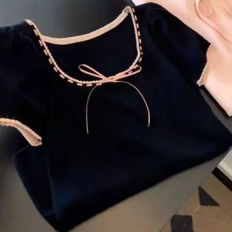Pullovers Women Short Sleeve Summer Sweet Bow Contrast Color All-match Knitted Tops Slim Korean Style 2024 Faddish Girlish Soft
Pullovers Women Short Sleeve Summer Sweet Bow Contrast Color All-match Knitted Tops Slim Korean Style 2024 Faddish Girlish Soft