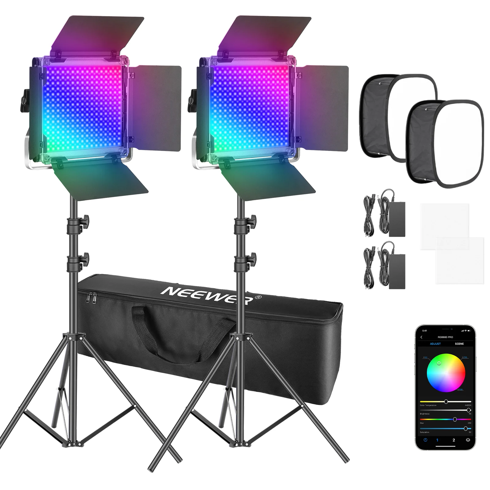 Neewer 2 Packs 530/660 Pro Led Light With APP Control Photography Video Lighting Kit With Stands, Softbox, Dimmable 660 SMD LEDs
Neewer 2 Packs 530/660 Pro Led Light With APP Control Photography Video Lighting Kit With Stands, Softbox, Dimmable 660 SMD LEDs