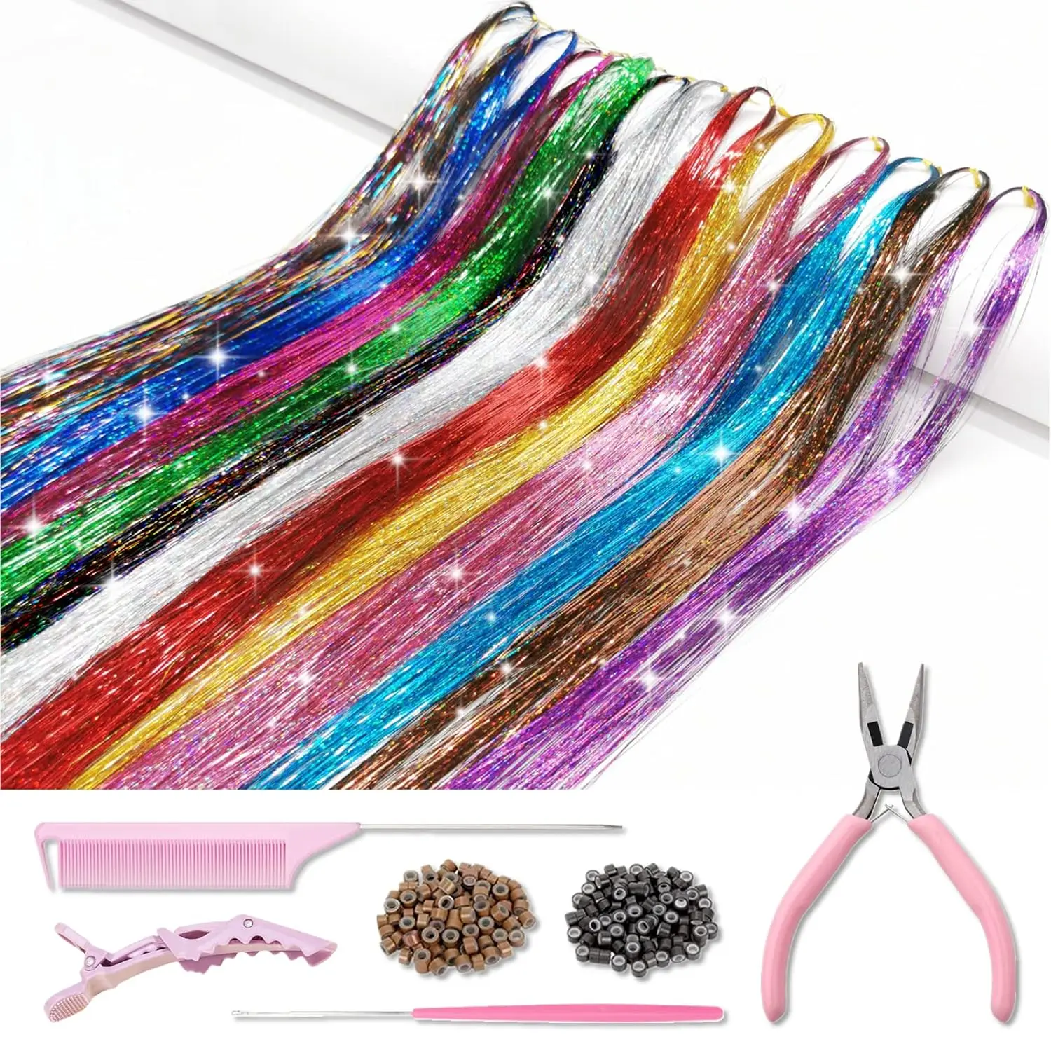 12-Color 2400 Strands Hair Tinsel Kit with Tools, Easy DIY Tinsel Hair Extensions for Party
12-Color 2400 Strands Hair Tinsel Kit with Tools, Easy DIY Tinsel Hair Extensions for Party
