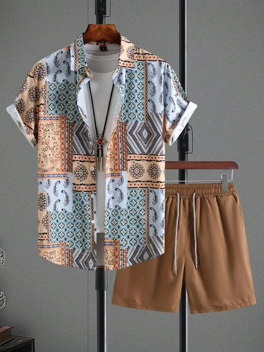 Genlund Men Patchwork Print Shirt & Drawstring Waist Shorts Without Tee, Holiday
Genlund Men Patchwork Print Shirt & Drawstring Waist Shorts Without Tee, Holiday