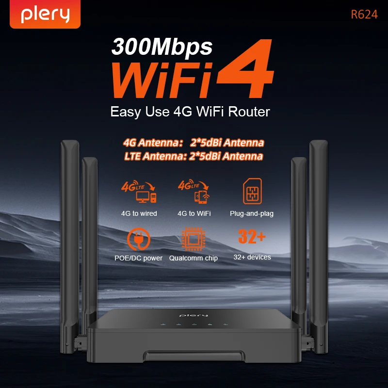 4G LTE WiFi Router 300Mbps Dual Antenna Portable With SIM Slot LAN/WAN Ports For Home/Travel/Outdoor Use Support 32+ Devices
4G LTE WiFi Router 300Mbps Dual Antenna Portable With SIM Slot LAN/WAN Ports For Home/Travel/Outdoor Use Support 32+ Devices