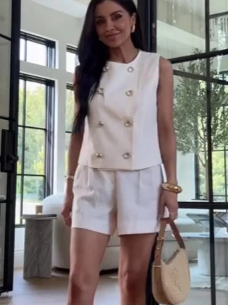 HH женский летний модный двубортный жилет без рукавов с круглым вырезом + смешанные повседневные шорты с высокой талией и карманами на молнии 
HH женский летний модный двубортный жилет без рукавов с круглым вырезом + смешанные повседневные шорты с высокой талией и карманами на молнии