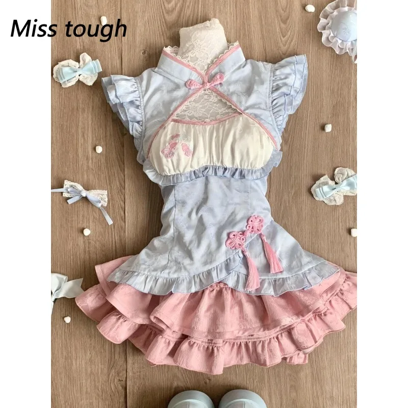 Chinese Style Sweet Cheongsam Style 2 Piece Set Women Kawaii Lace Patchwork Tops + Y2k Plaid Mini Skirt Elegant Fashion Outifits
Chinese Style Sweet Cheongsam Style 2 Piece Set Women Kawaii Lace Patchwork Tops + Y2k Plaid Mini Skirt Elegant Fashion Outifits