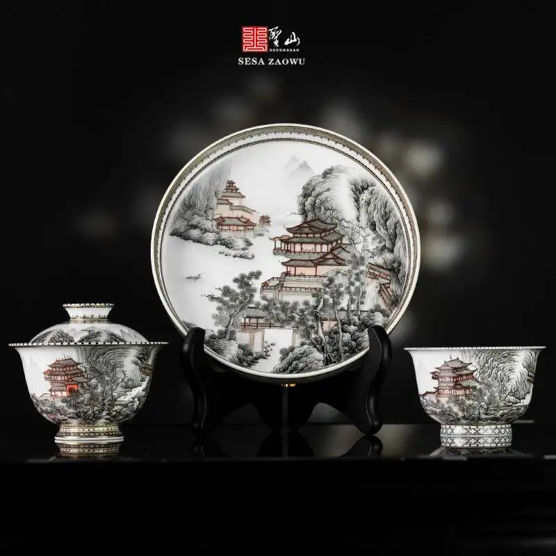 Holy Mountain Classy Ink Color Teng Wang Landscape Pavilion Ceramic Jingdezhen Hand-Painted Pastel Covered Bowl Tea Set
Holy Mountain Classy Ink Color Teng Wang Landscape Pavilion Ceramic Jingdezhen Hand-Painted Pastel Covered Bowl Tea Set