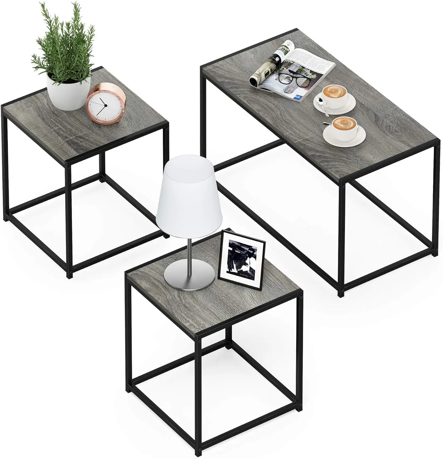 Modern Living Room Coffee Table Set with 2 End Tables, French Oak Grey Finish
Modern Living Room Coffee Table Set with 2 End Tables, French Oak Grey Finish