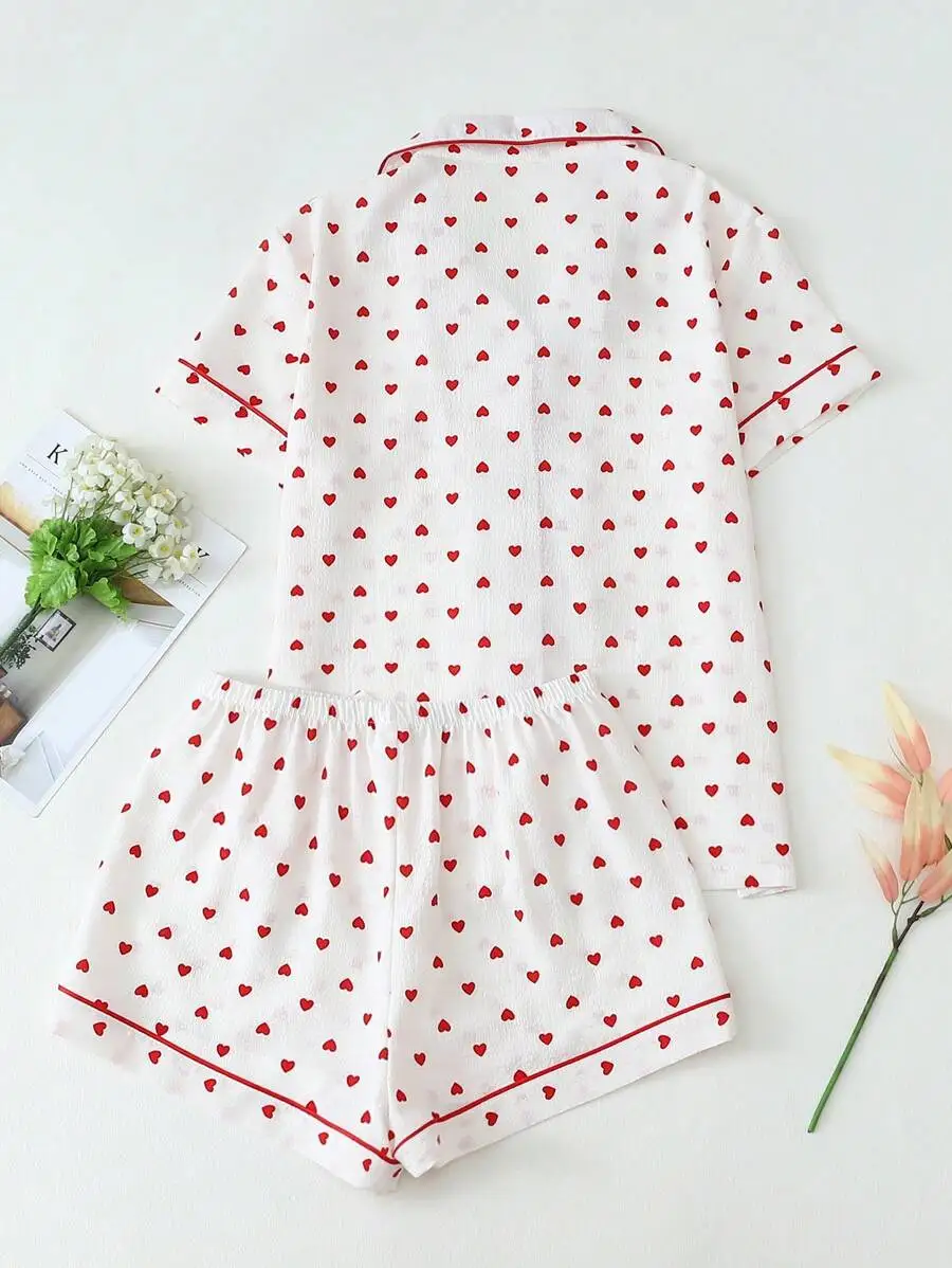 Womens Heart Print Pajama Set Short Sleeve Button Up Top And Shorts Casual Sleepwear For Spring Summer
Womens Heart Print Pajama Set Short Sleeve Button Up Top And Shorts Casual Sleepwear For Spring Summer