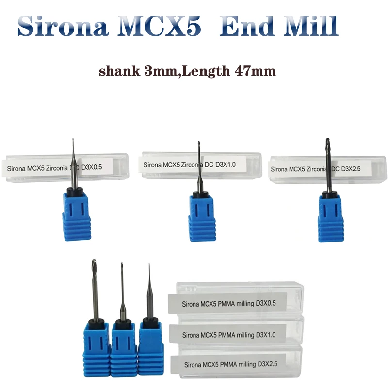 Sirona MCX5 Dental Endmill Burs Zirconia DC,DLC,PMMA NC Cutters Shank 3mm,Length 47mm for Milling Zirconia Block
Sirona MCX5 Dental Endmill Burs Zirconia DC,DLC,PMMA NC Cutters Shank 3mm,Length 47mm for Milling Zirconia Block