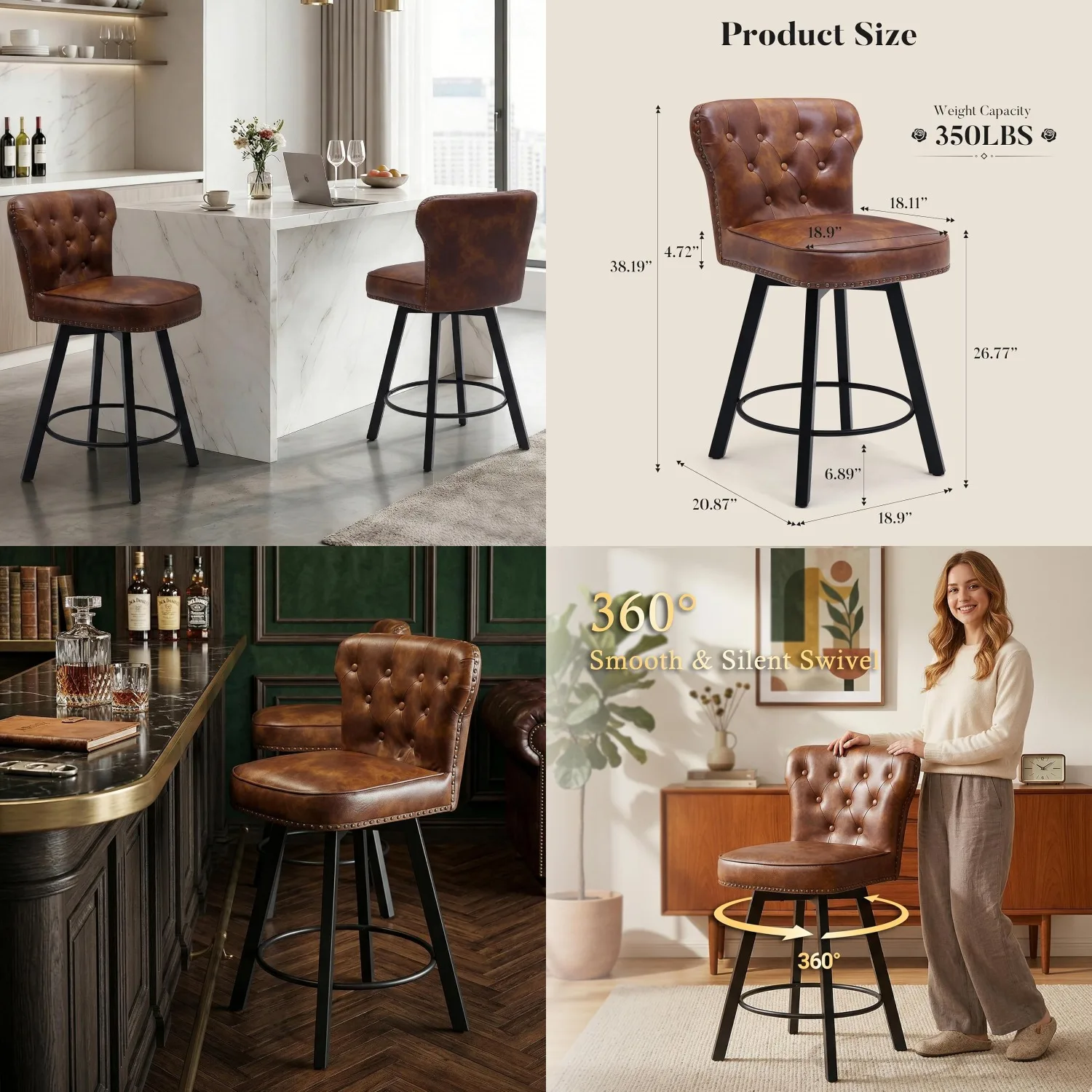 26in Counter Height Bar Stool Set Swivel Metal Base High Back Thick Cushion Armless PU Leather Kitchen Island Brown Customized
26in Counter Height Bar Stool Set Swivel Metal Base High Back Thick Cushion Armless PU Leather Kitchen Island Brown Customized