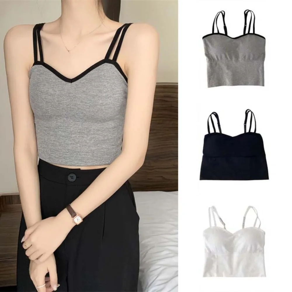 Breathable With Chest Cushion Korean Camisole Women Non Trace Solid Color Crop Tops Tanks Slim Fit Slim Fit Corset Spring Summer 
Breathable With Chest Cushion Korean Camisole Women Non Trace Solid Color Crop Tops Tanks Slim Fit Slim Fit Corset Spring Summer