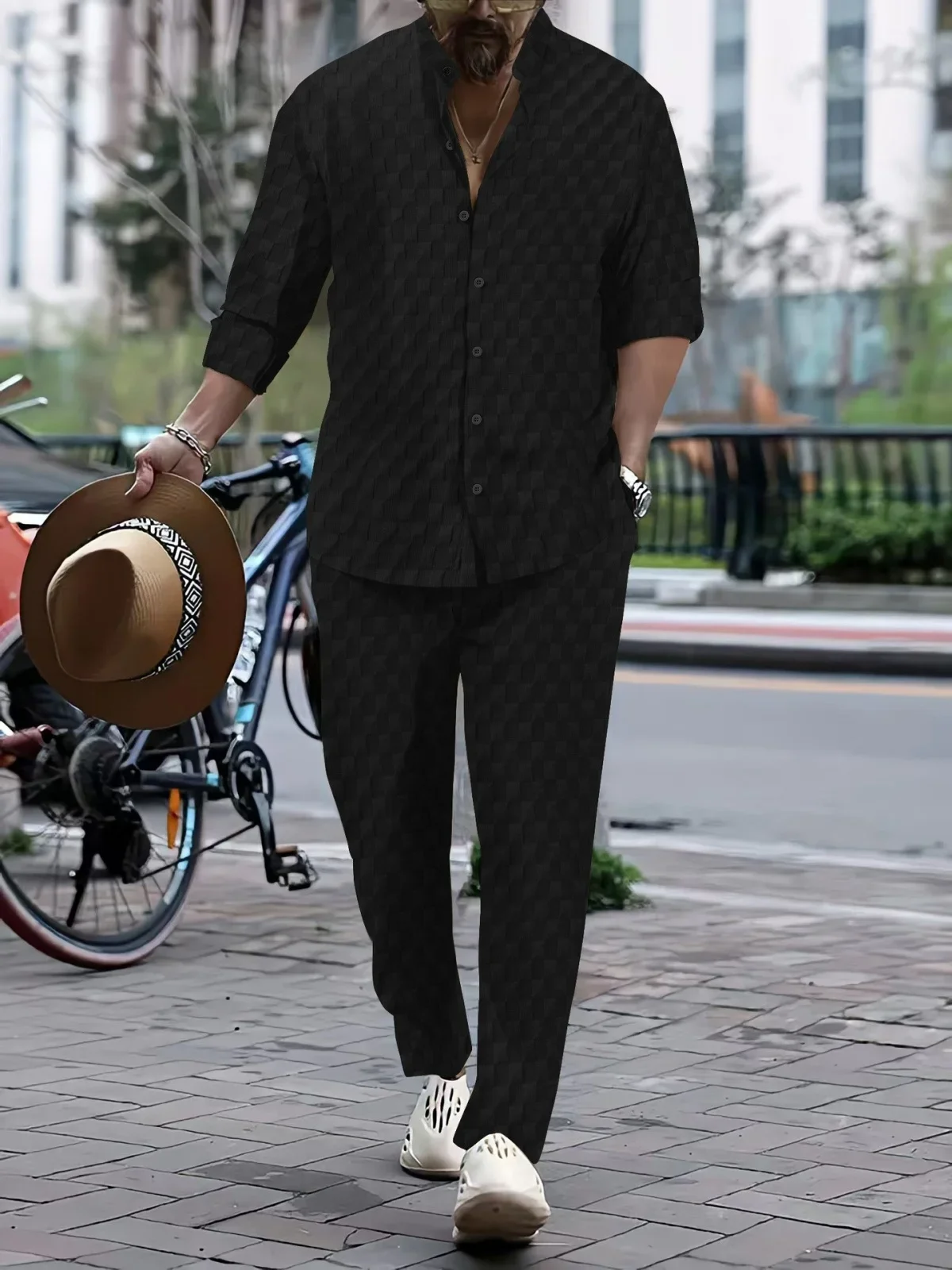 Spring and Autumn Stand Collar Checkerboard Cardigan Long-sleeved Shirt + Trousers Solid Color Shopping Casual Men's Suit
Spring and Autumn Stand Collar Checkerboard Cardigan Long-sleeved Shirt + Trousers Solid Color Shopping Casual Men's Suit