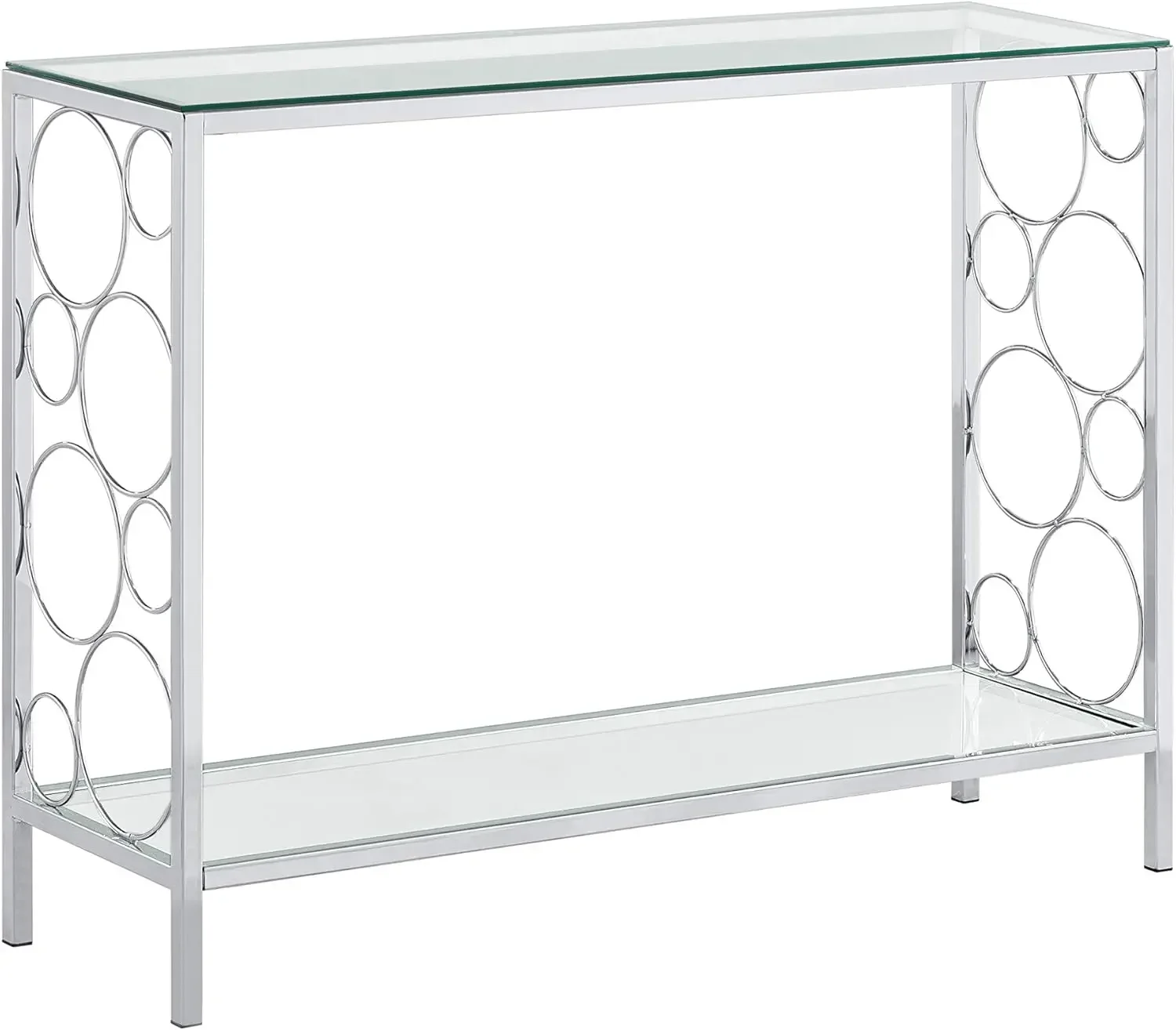 Chrome Finish Glass 2-Tier Contemporary Console Sofa Table with Lower Shelf and Circle Designs
Chrome Finish Glass 2-Tier Contemporary Console Sofa Table with Lower Shelf and Circle Designs