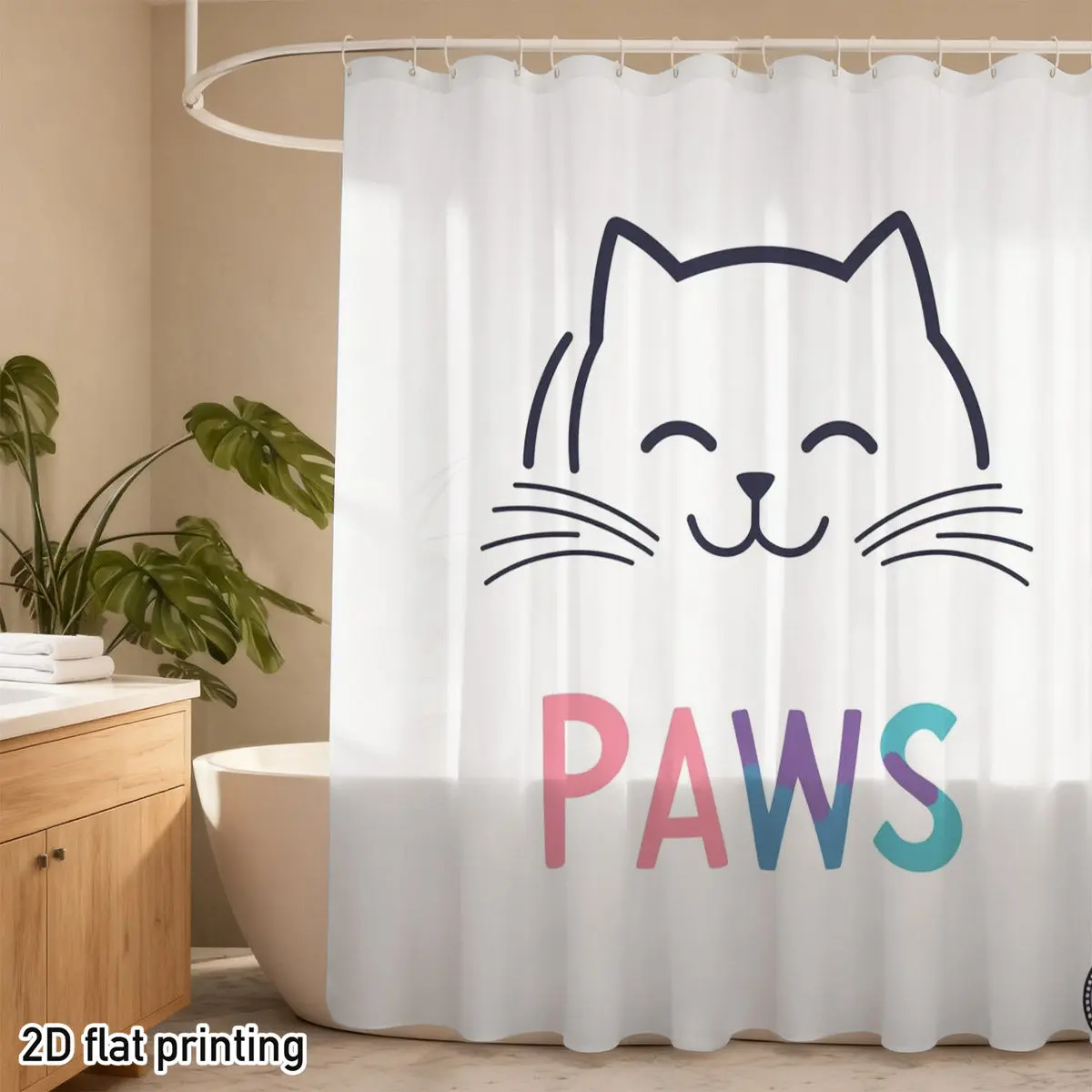 Minimalist Cat Shower Curtain 72x72 Polyester Washable – Smiling Line-Art Kitten Face + Color-Block "PAWS", 12 Hooks
Minimalist Cat Shower Curtain 72x72 Polyester Washable – Smiling Line-Art Kitten Face + Color-Block "PAWS", 12 Hooks