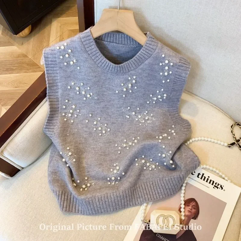 Elegant Women Spring Autumn Knit Vest Round Neck Pearl Beaded Sleeveless Loose Layer Waistcoat
Elegant Women Spring Autumn Knit Vest Round Neck Pearl Beaded Sleeveless Loose Layer Waistcoat