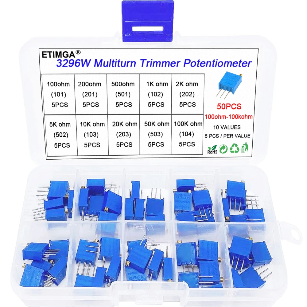 50pcs 3296W Multiturn Trimmer Potentiometer Assortment Kit High Precision 3296 Variable Resistor With Box electronic diy
50pcs 3296W Multiturn Trimmer Potentiometer Assortment Kit High Precision 3296 Variable Resistor With Box electronic diy