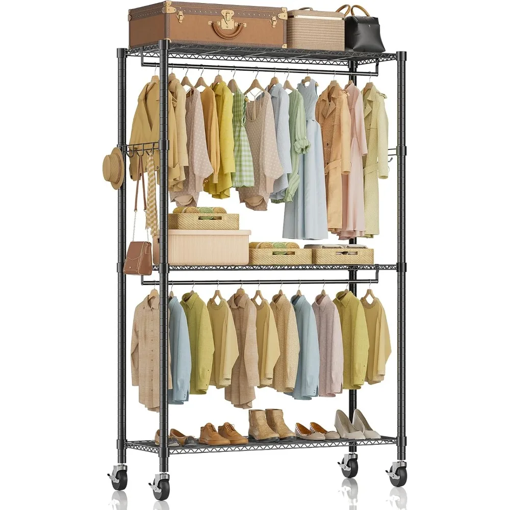 Rolling Clothes Rack, Heavy Duty Clothing Rack 3-Shelf Portable Adjustable Wardrobe Closet with Wheels Hanging Rods & Side Hooks
Rolling Clothes Rack, Heavy Duty Clothing Rack 3-Shelf Portable Adjustable Wardrobe Closet with Wheels Hanging Rods & Side Hooks