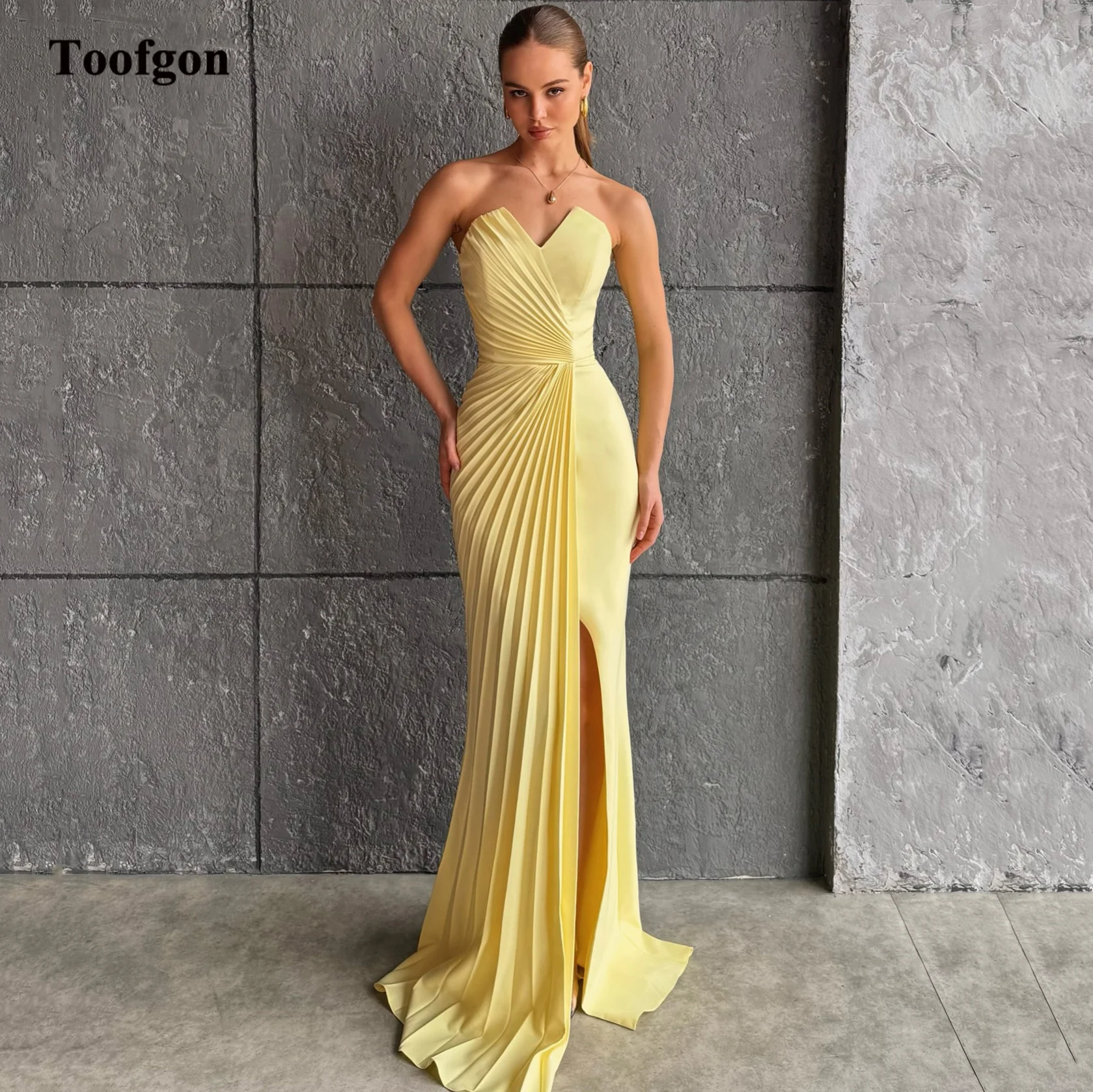Toofgon Mermaid Customized Evening Dresses Yellow Crumpled Crepe High Slit Women Formal Party Long Prom Dress Red Carpet Gowns
Toofgon Mermaid Customized Evening Dresses Yellow Crumpled Crepe High Slit Women Formal Party Long Prom Dress Red Carpet Gowns