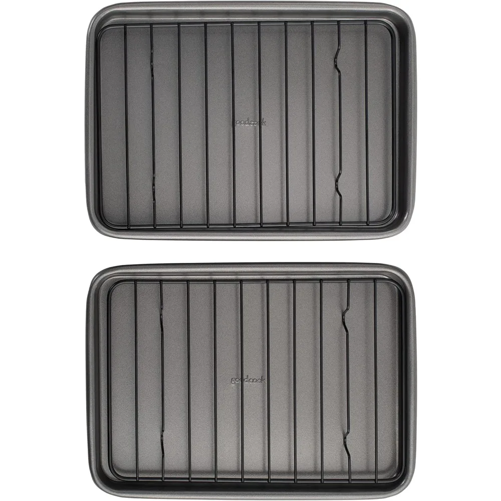 Set of 2 Nonstick Steel 9" x 6" Toaster Oven Mini Baking Sheets with Racks, Gray
Set of 2 Nonstick Steel 9" x 6" Toaster Oven Mini Baking Sheets with Racks, Gray