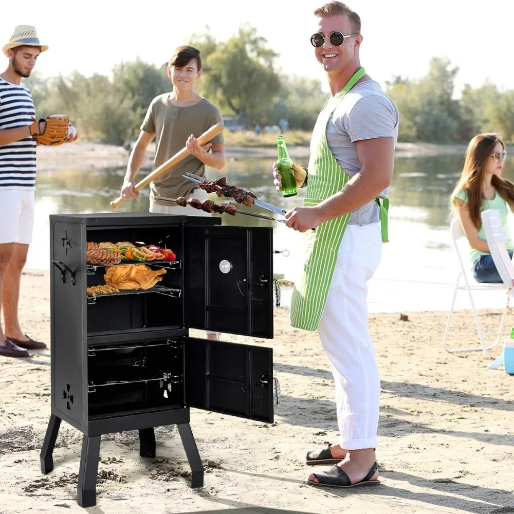 Outdoor Smoker with Double Doors, 2 Detachable Grill Netting Smoking Racks, Charcoal Pan & Water Pan, 4 Air Vents, Thermometer
Outdoor Smoker with Double Doors, 2 Detachable Grill Netting Smoking Racks, Charcoal Pan & Water Pan, 4 Air Vents, Thermometer