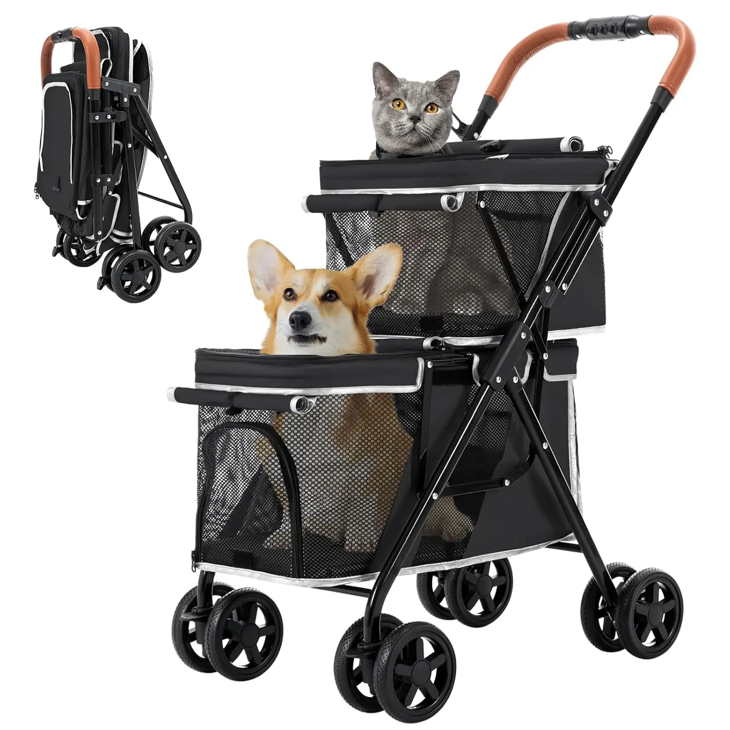 Double Pet Stroller for Dogs and Cats, Easy One-Hand Fold, 4-Wheel Design in Black
Double Pet Stroller for Dogs and Cats, Easy One-Hand Fold, 4-Wheel Design in Black