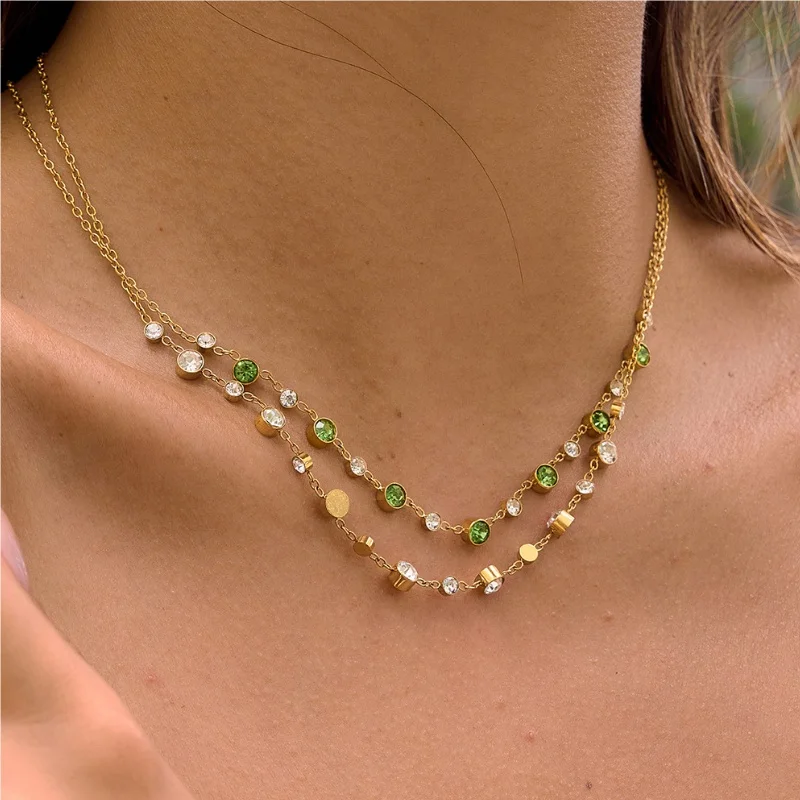 Gold Plated Green & White Crystal Layered Necklace, Dainty Bezel Set Gemstone Choker, Elegant Daily Jewelry for Women
Gold Plated Green & White Crystal Layered Necklace, Dainty Bezel Set Gemstone Choker, Elegant Daily Jewelry for Women
