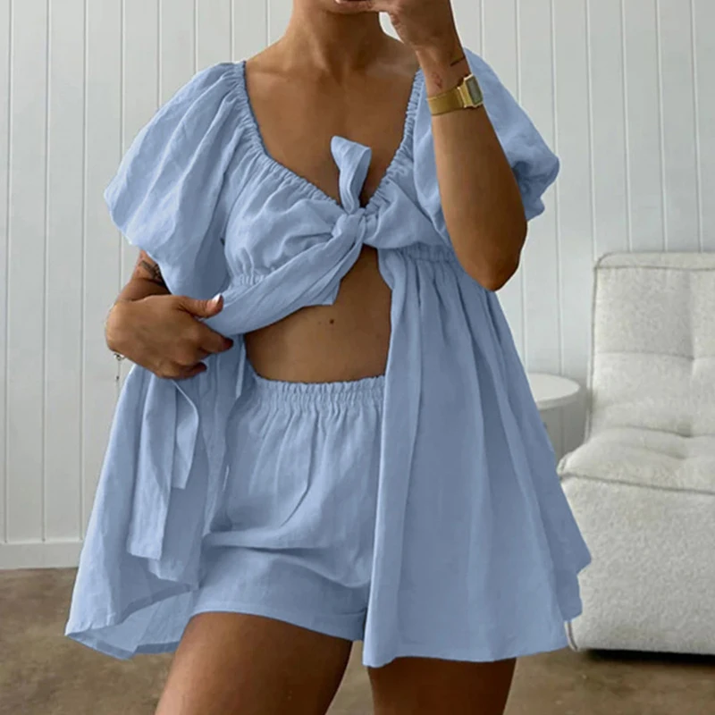 Casual Solid Color Bow Lace Up Beach Suit 2026 Sexy V-neck Top and Shorts Women's Outfit Sweet Puff Sleeve Summer Two Piece Set
Casual Solid Color Bow Lace Up Beach Suit 2026 Sexy V-neck Top and Shorts Women's Outfit Sweet Puff Sleeve Summer Two Piece Set