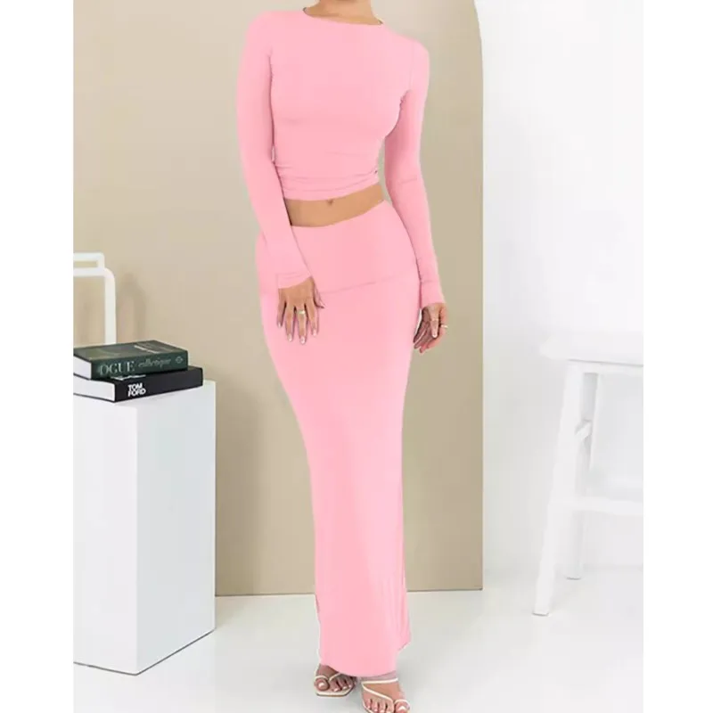 2025 Elegant Solid Color Women Two-piece Round Neck Long Sleeve Navel Top High Waist Long Skirt Fashionable Casual Matching Set
2025 Elegant Solid Color Women Two-piece Round Neck Long Sleeve Navel Top High Waist Long Skirt Fashionable Casual Matching Set