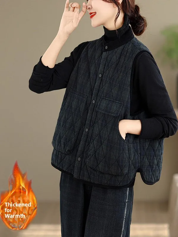 High-End Women's Winter Casual Plaid Vintage Loose Slimming Warm Cotton Vest Coat Thickened Cotton Splice Process
High-End Women's Winter Casual Plaid Vintage Loose Slimming Warm Cotton Vest Coat Thickened Cotton Splice Process