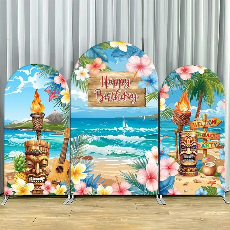 Single Side Arch Backdrop Cover Tropical Beach Birthday Backdrop Featuring Tiki Statues Palm Trees and Ocean Waves with Happy
Single Side Arch Backdrop Cover Tropical Beach Birthday Backdrop Featuring Tiki Statues Palm Trees and Ocean Waves with Happy