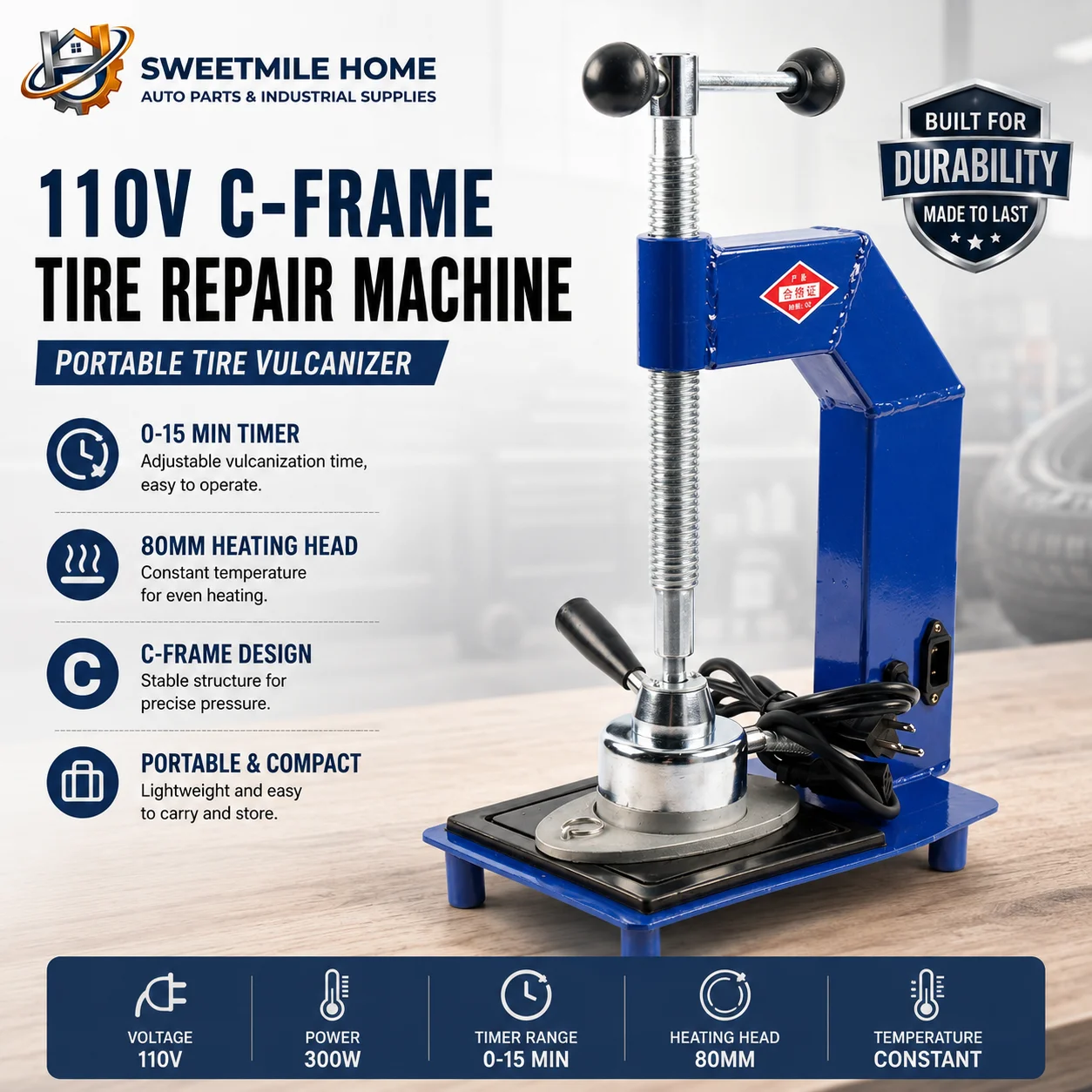 110V C-Frame Tire Repair Machine Portable Tire Vulcanizer with 0-15 Min Timer 80mm Constant Temperature Heating Head Blue
110V C-Frame Tire Repair Machine Portable Tire Vulcanizer with 0-15 Min Timer 80mm Constant Temperature Heating Head Blue