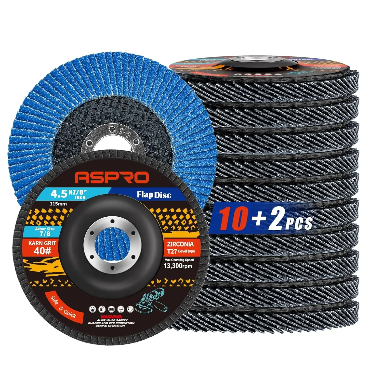 40 Grit Zirconia Flap Discs 4-1/2" x 7/8" T27 for Angle Grinder, 12 Pack for Metal, Wood, Stainless Steel
40 Grit Zirconia Flap Discs 4-1/2" x 7/8" T27 for Angle Grinder, 12 Pack for Metal, Wood, Stainless Steel
