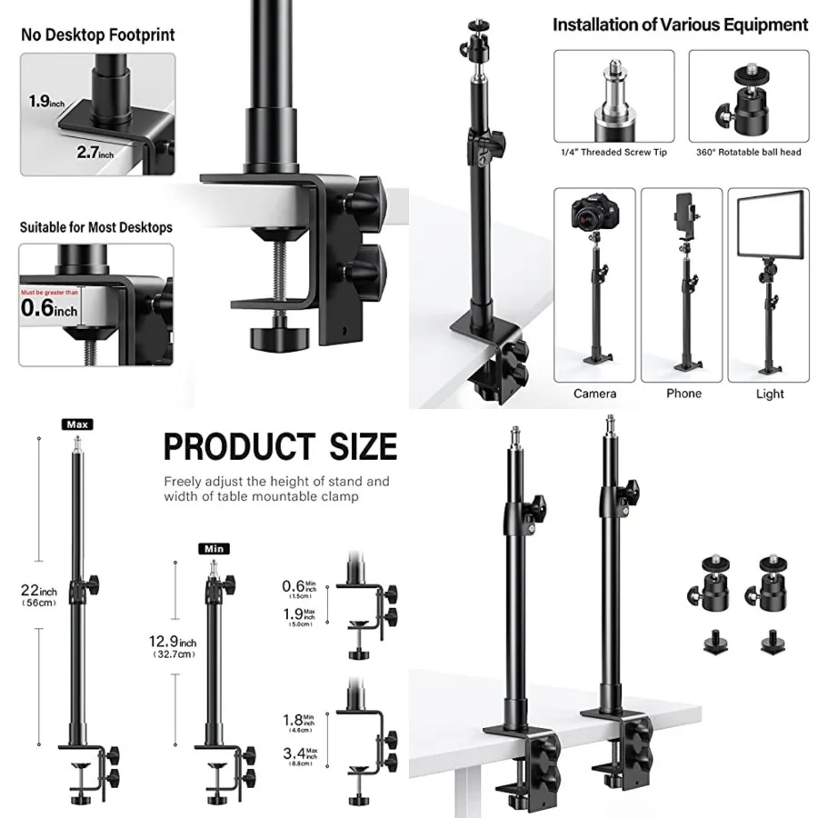 2-Pack Camera Desk Mount Stand with 1/4" Ball Head and Cold Shoe Mount Adapter, 12.9-22" Tabletop Mounts Stand, Adjustable Alum
2-Pack Camera Desk Mount Stand with 1/4" Ball Head and Cold Shoe Mount Adapter, 12.9-22" Tabletop Mounts Stand, Adjustable Alum