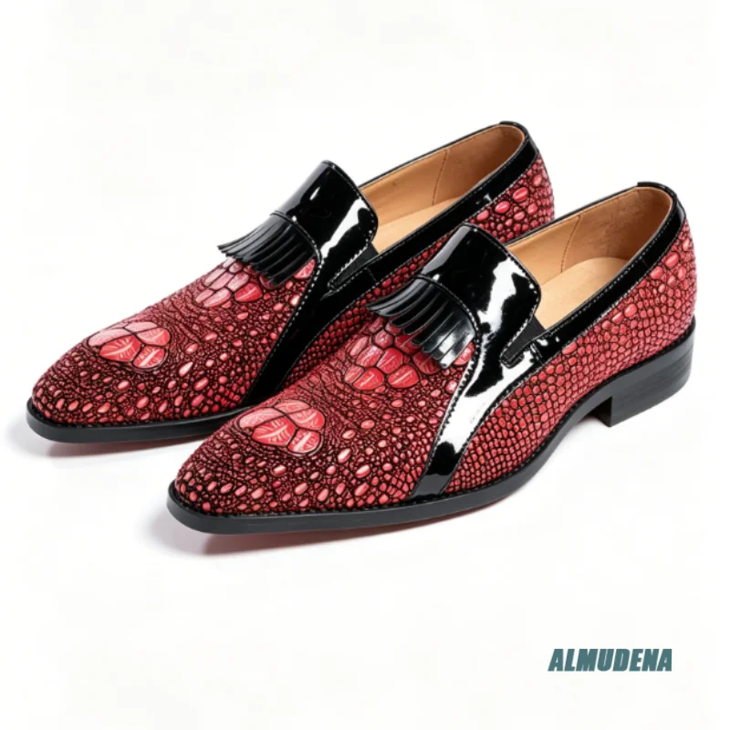 Trendy Bright Red Men Tassel Dress Shoes Scale Textured Leather Splice Slip On Pointed Toe Banquet Wedding Party Formal Loafers
Trendy Bright Red Men Tassel Dress Shoes Scale Textured Leather Splice Slip On Pointed Toe Banquet Wedding Party Formal Loafers