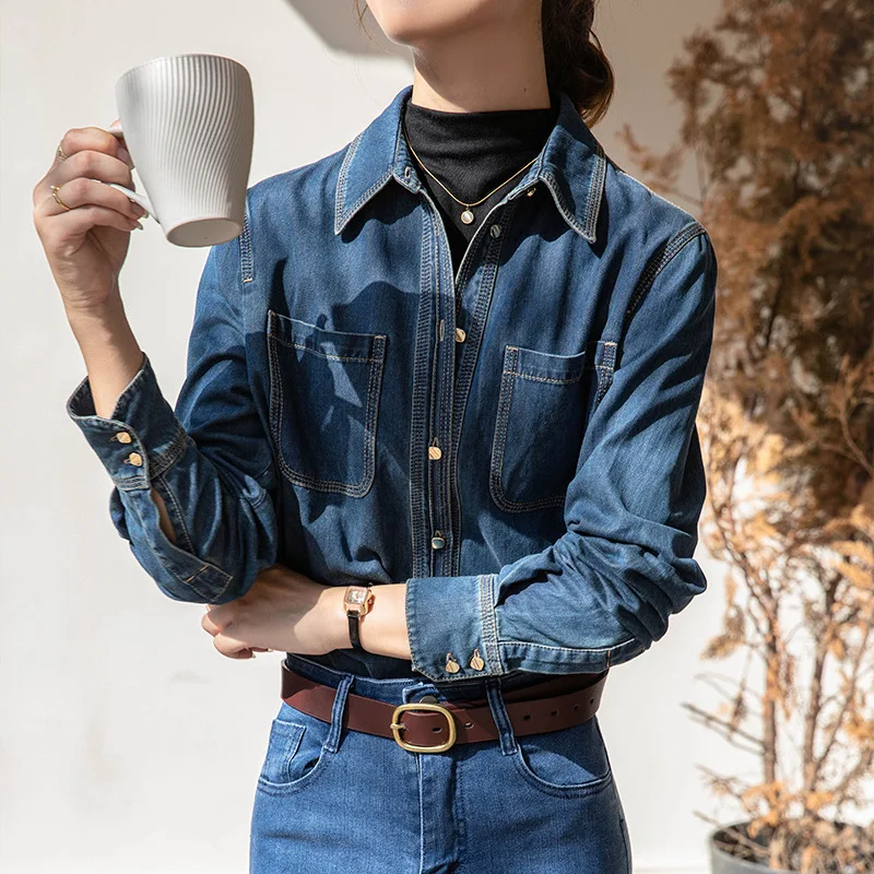 Vintage Women's Denim Shirt Autumn/Winter Commuting Top Sensible Design Niche Style Button-Up Single Breasted Women Top
Vintage Women's Denim Shirt Autumn/Winter Commuting Top Sensible Design Niche Style Button-Up Single Breasted Women Top