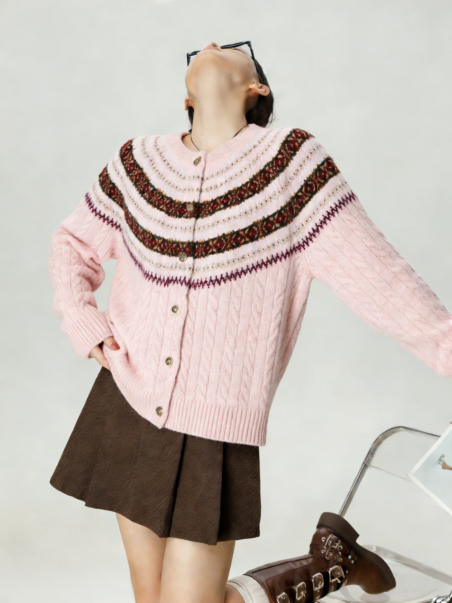 Pink Fair Isle Knit Cardigan Sweater with Gold Button Vintage Sle Loose Fit Casual Long Sve round Ne Stripe Pattern
Pink Fair Isle Knit Cardigan Sweater with Gold Button Vintage Sle Loose Fit Casual Long Sve round Ne Stripe Pattern