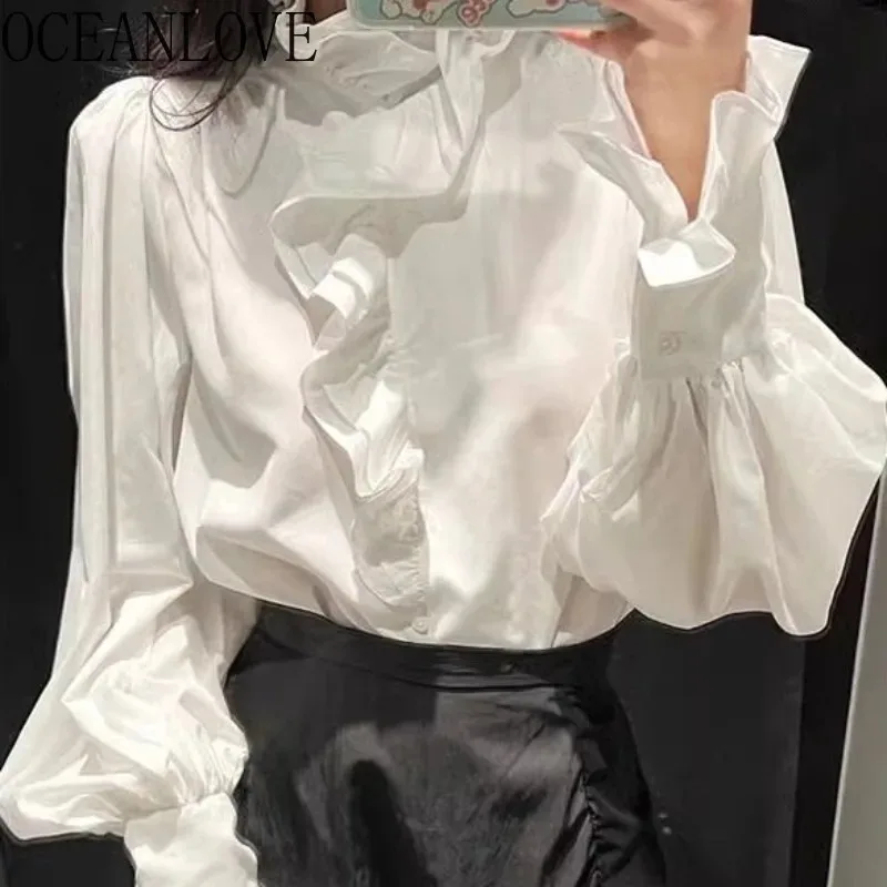 Ruffles Women Shirts&blouses Stand Collar Solid White Korean Fashion Sweet Blusas Mujer Retro Elegant Camisas
Ruffles Women Shirts&blouses Stand Collar Solid White Korean Fashion Sweet Blusas Mujer Retro Elegant Camisas