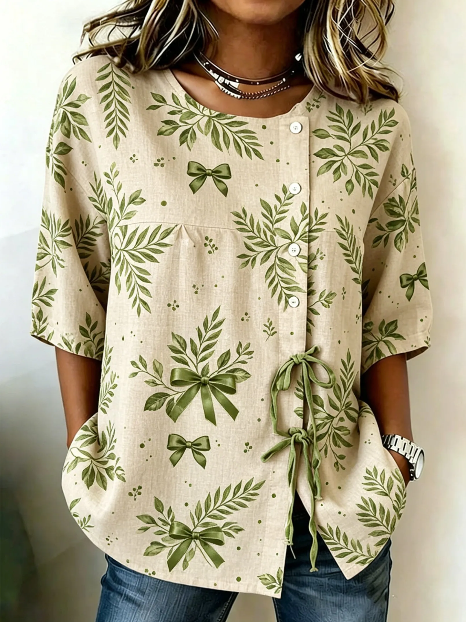 Women's Spring Summer Drawstring Blouse, Green Leaf & Bow Print Casual Tops for Daily Street Holiday Dating & Leisure Outfit
Women's Spring Summer Drawstring Blouse, Green Leaf & Bow Print Casual Tops for Daily Street Holiday Dating & Leisure Outfit
