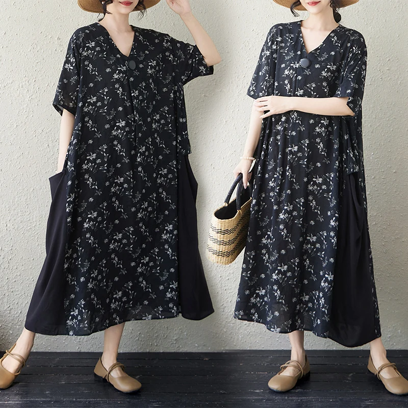 Summer New Cotton Print Splice Casual Vacation V-Neck Short Sleeve Wide Hem Dress Women's Straight Tube Dress Casual Wear
Summer New Cotton Print Splice Casual Vacation V-Neck Short Sleeve Wide Hem Dress Women's Straight Tube Dress Casual Wear