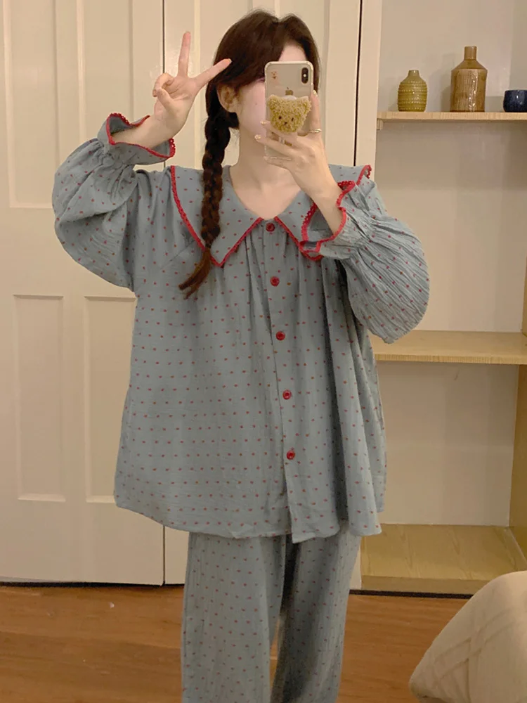 New Lace Cotton Round dot Soft Girlish Style Korean Long Sleeve Pajama Set Women Winter Loose Kawaii Elegant Casual Sleepwear
New Lace Cotton Round dot Soft Girlish Style Korean Long Sleeve Pajama Set Women Winter Loose Kawaii Elegant Casual Sleepwear