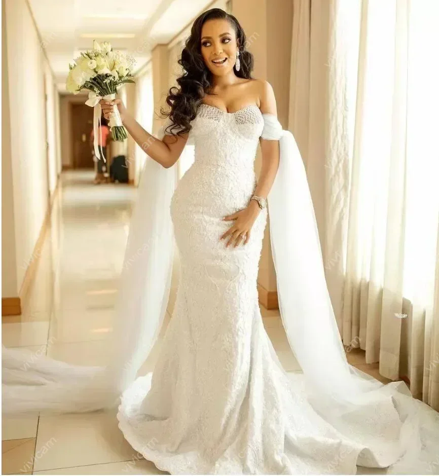 Customized Sexy Beaded Crystals Sweetheart Mermaid Wedding Dresses With Cape Off The Shoulder Lace African Bridal Gowns
Customized Sexy Beaded Crystals Sweetheart Mermaid Wedding Dresses With Cape Off The Shoulder Lace African Bridal Gowns