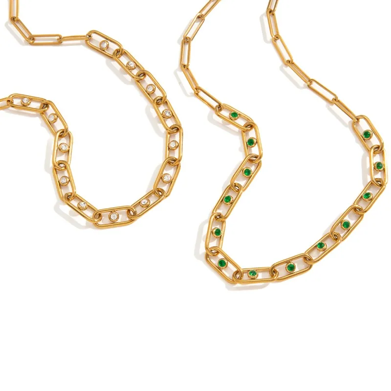 Minar Wholesale White Green Round Rhinestone Chunky Paperclip Chain Necklace for Women 18K Gold PVD Plated Titanium Steel Choker
Minar Wholesale White Green Round Rhinestone Chunky Paperclip Chain Necklace for Women 18K Gold PVD Plated Titanium Steel Choker