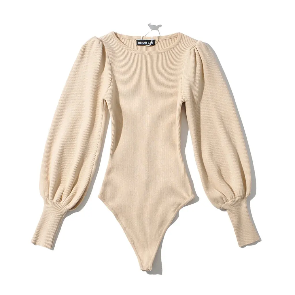 Женский облегающий вязаный комбинезон с длинными рукавами, европейско-американский модный свитер с круглым вырезом и рукавами-фонариками 
Женский облегающий вязаный комбинезон с длинными рукавами, европейско-американский модный свитер с круглым вырезом и рукавами-фонариками