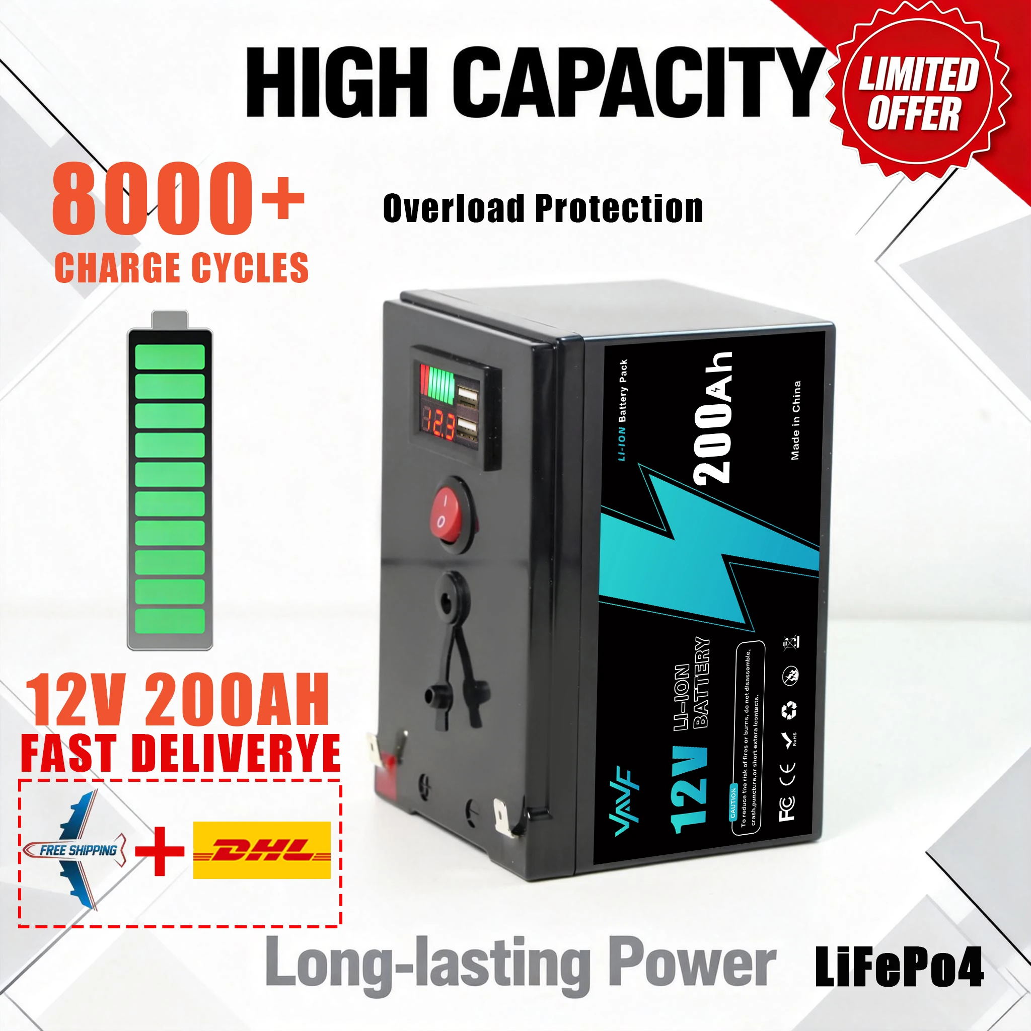 Lithium Battery12v 200AH LiFePO4 Battery with Smart BMS-Ideal for Solar Power, RV, Marine&Off-Grid Home Energy Storage
Lithium Battery12v 200AH LiFePO4 Battery with Smart BMS-Ideal for Solar Power, RV, Marine&Off-Grid Home Energy Storage